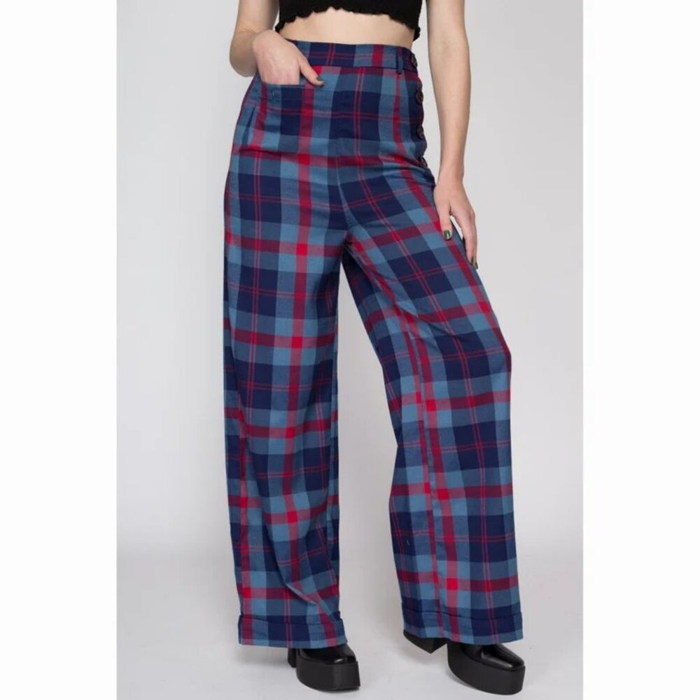 Navy and Red Plaid Pants- High Waisted Wide Leg